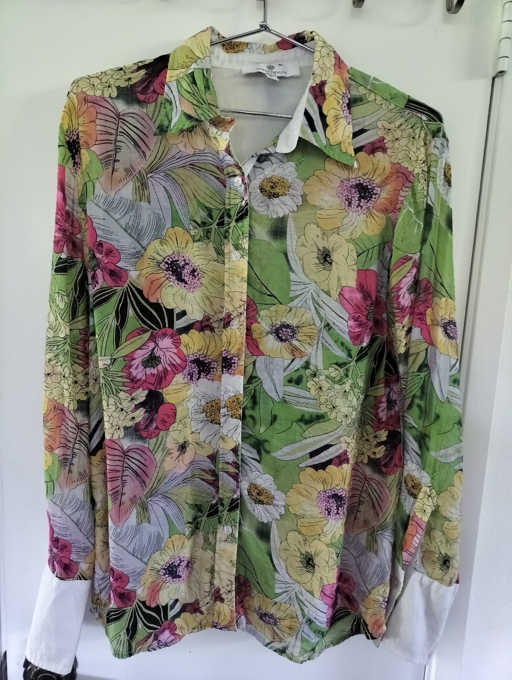 Jean-Pierre Klifa Paris XL Floral Print Blouse Yellow Pink Green 100% Cotton